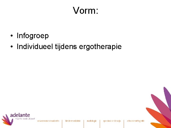 Vorm: • Infogroep • Individueel tijdens ergotherapie 