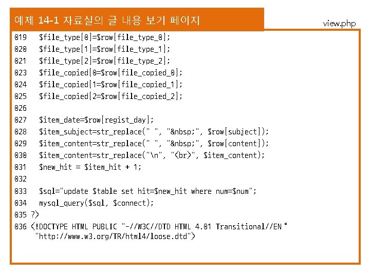 예제 14 -1 자료실의 글 내용 보기 페이지 019 $file_type[0]=$row[file_type_0]; 020 $file_type[1]=$row[file_type_1]; 021 $file_type[2]=$row[file_type_2];