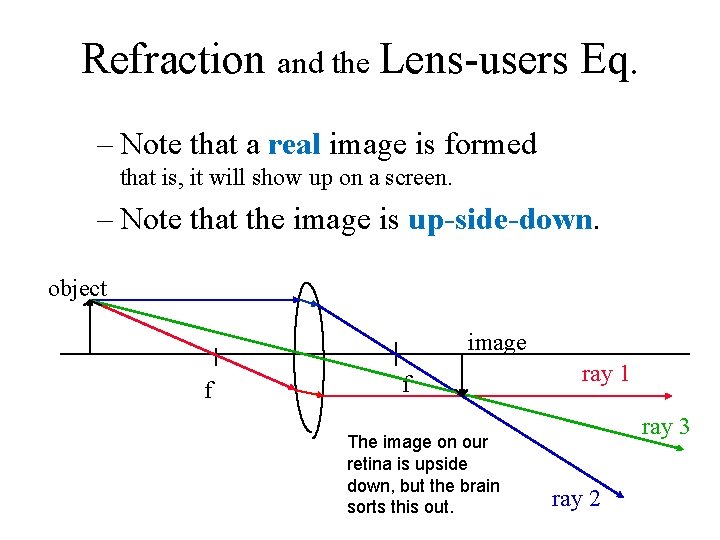 Refraction and the Lens-users Eq. – Note that a real image is formed that