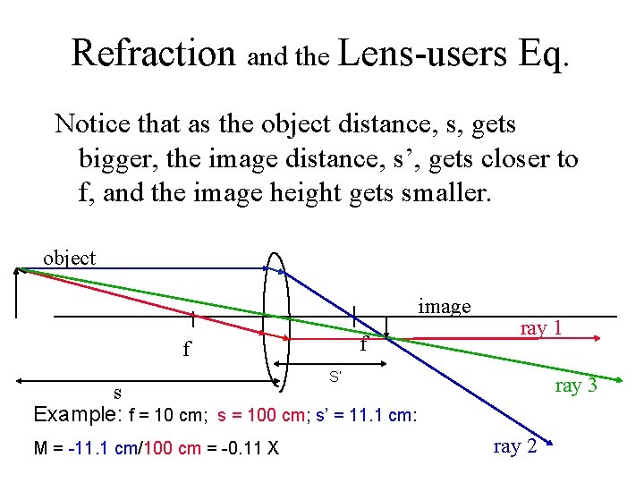 Refraction and the Lens-users Eq. Notice that as the object distance, s, gets bigger,