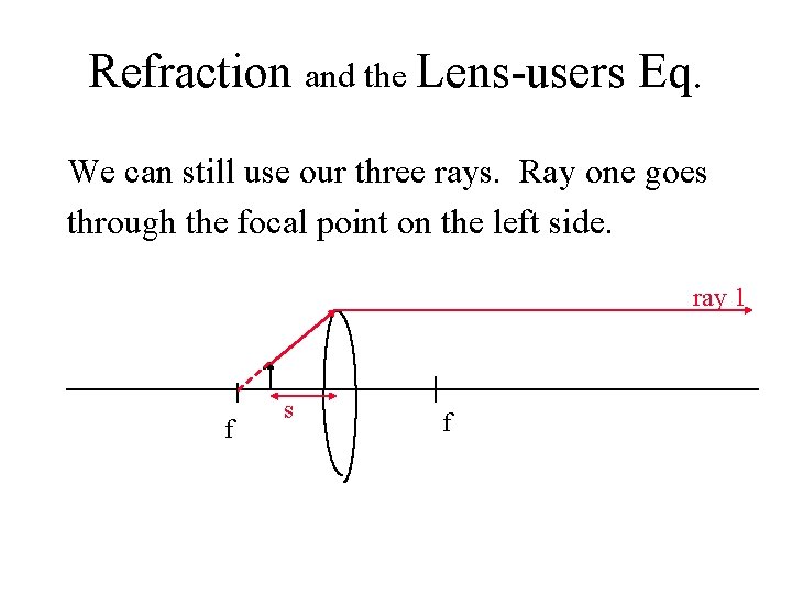 Refraction and the Lens-users Eq. We can still use our three rays. Ray one