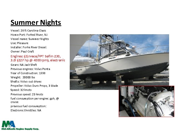 Summer Nights Vessel: 28 ft Carolina Clasic Home Port: Forked River, NJ Vessel name: