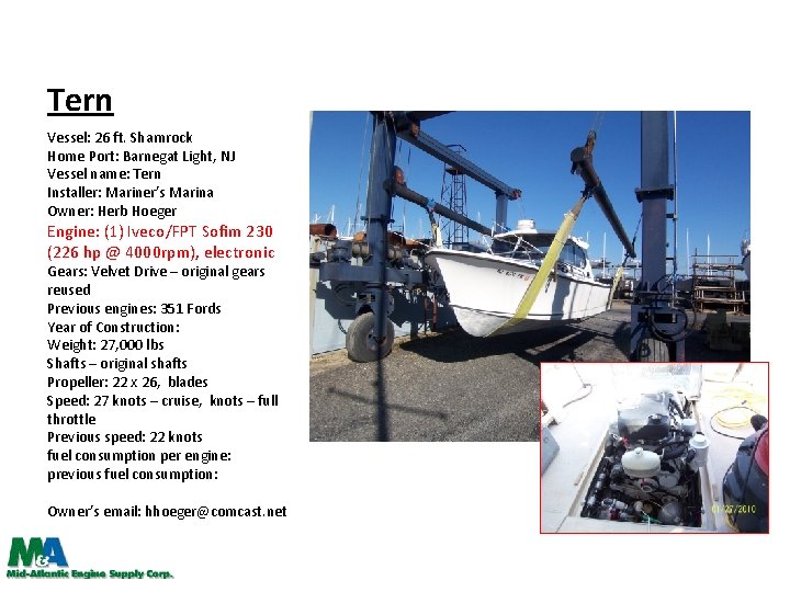Tern Vessel: 26 ft. Shamrock Home Port: Barnegat Light, NJ Vessel name: Tern Installer: