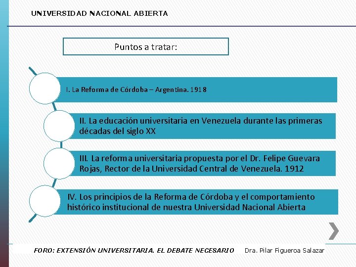 UNIVERSIDAD NACIONAL ABIERTA Puntos a tratar: I. La Reforma de Córdoba – Argentina. 1918