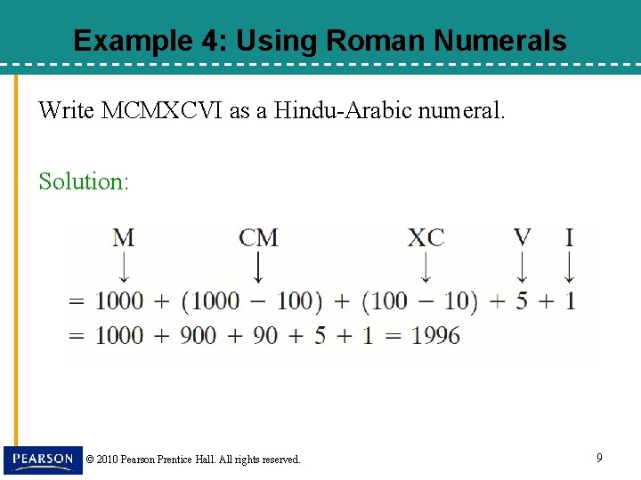 Example 4: Using Roman Numerals Write MCMXCVI as a Hindu-Arabic numeral. Solution: © 2010