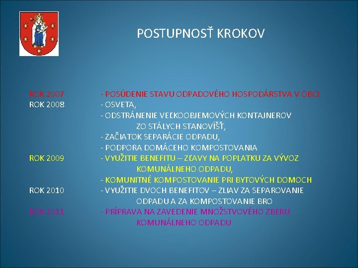 POSTUPNOSŤ KROKOV ROK 2007 ROK 2008 ROK 2009 ROK 2010 ROK 2011 - POSÚDENIE POSTUPNOSŤ KROKOV ROK 2007 ROK 2008 ROK 2009 ROK 2010 ROK 2011 - POSÚDENIE