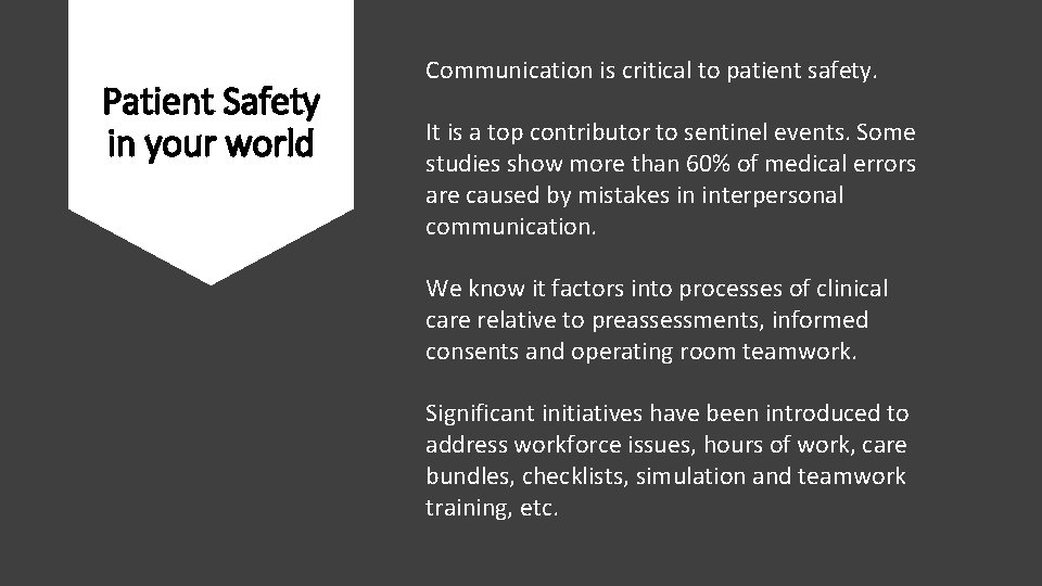 Patient Safety in your world Communication is critical to patient safety. It is a