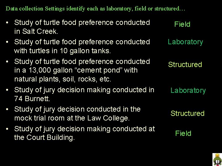 Data collection Settings identify each as laboratory, field or structured… • Study of turtle