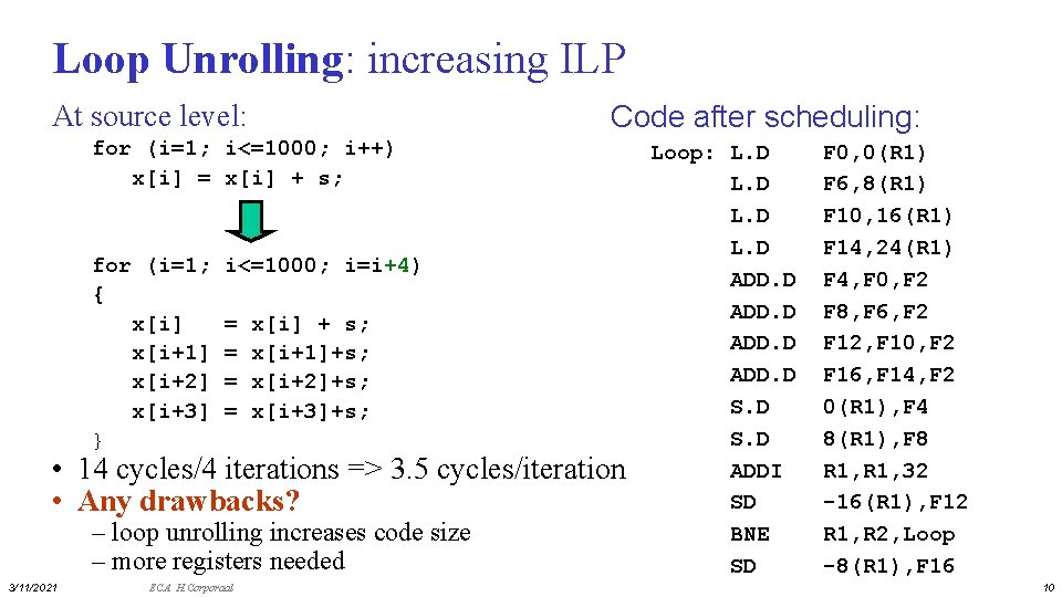 Loop Unrolling: increasing ILP At source level: Code after scheduling: for (i=1; i<=1000; i++)