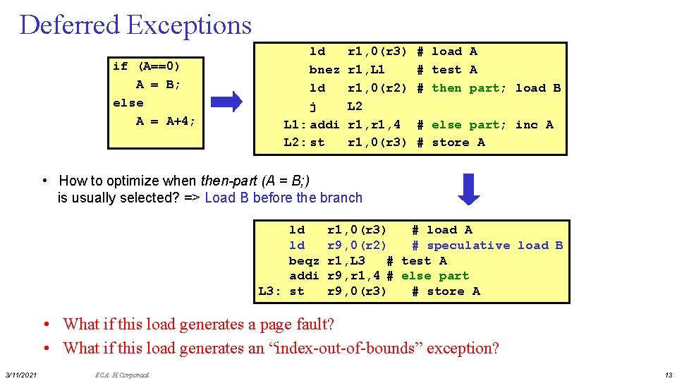 Deferred Exceptions if (A==0) A = B; else A = A+4; ld bnez ld