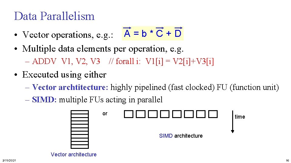 Data Parallelism • Vector operations, e. g. : A = b * C +