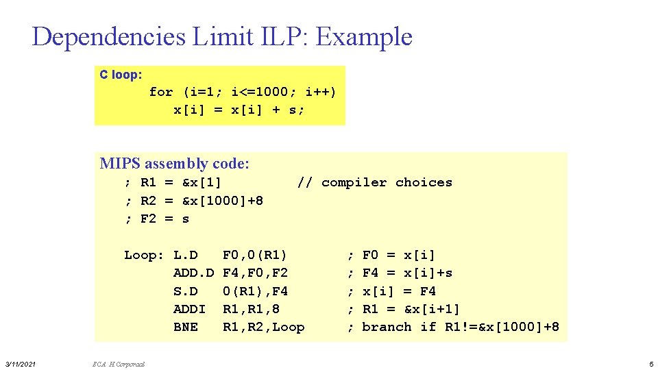 Dependencies Limit ILP: Example C loop: for (i=1; i<=1000; i++) x[i] = x[i] +