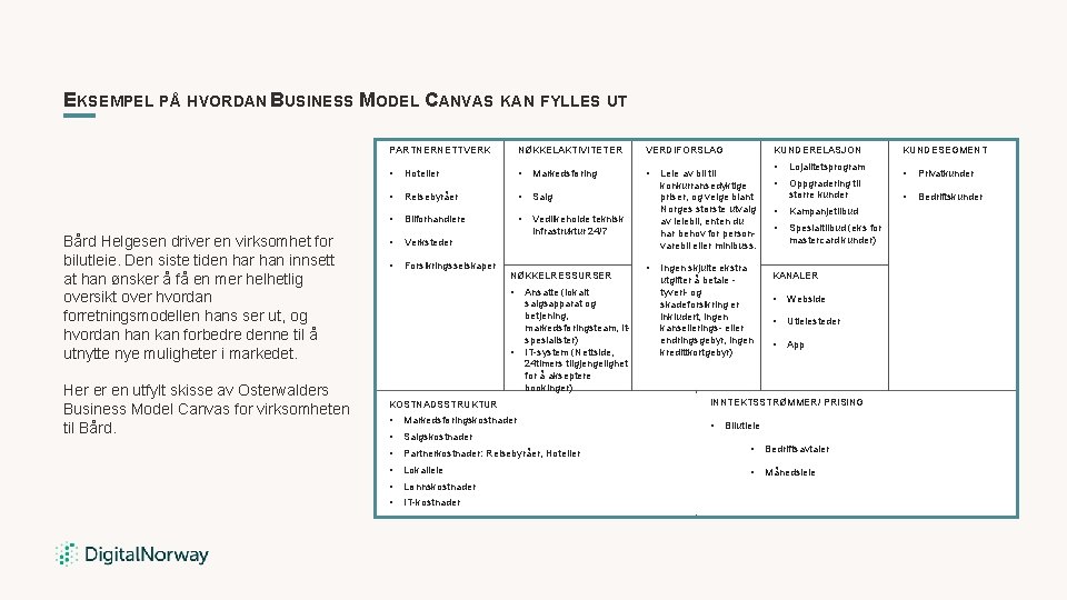 EKSEMPEL PÅ HVORDAN BUSINESS MODEL CANVAS KAN FYLLES UT Bård Helgesen driver en virksomhet