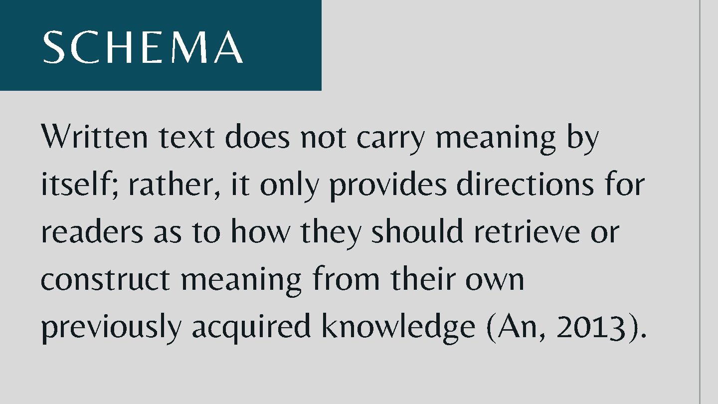 SCHEMA Written text does not carry meaning by itself; rather, it only provides directions