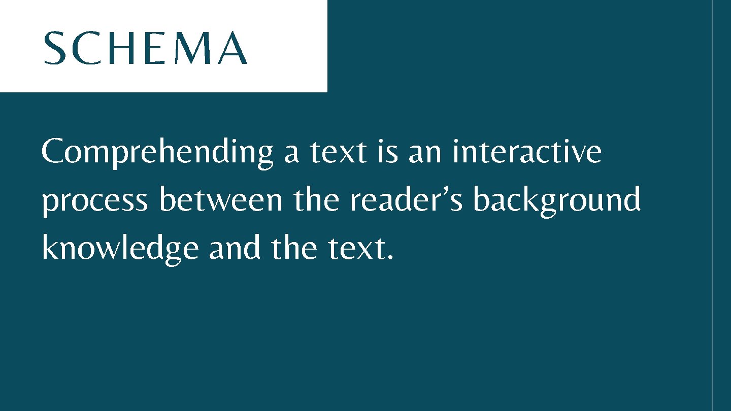 SCHEMA Comprehending a text is an interactive process between the reader’s background knowledge and