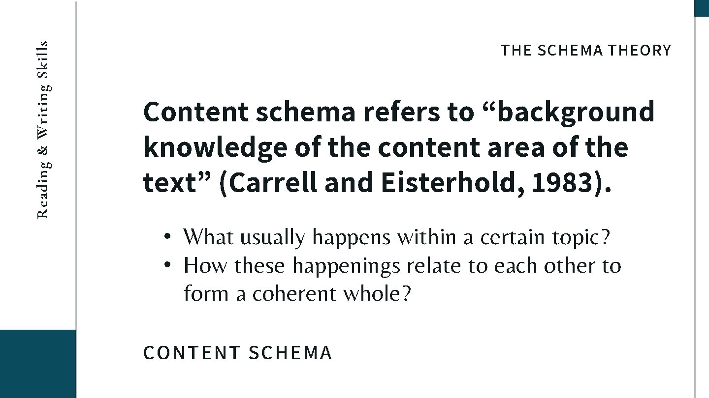 Reading & Writing Skills THE SCHEMA THEORY Content schema refers to “background knowledge of