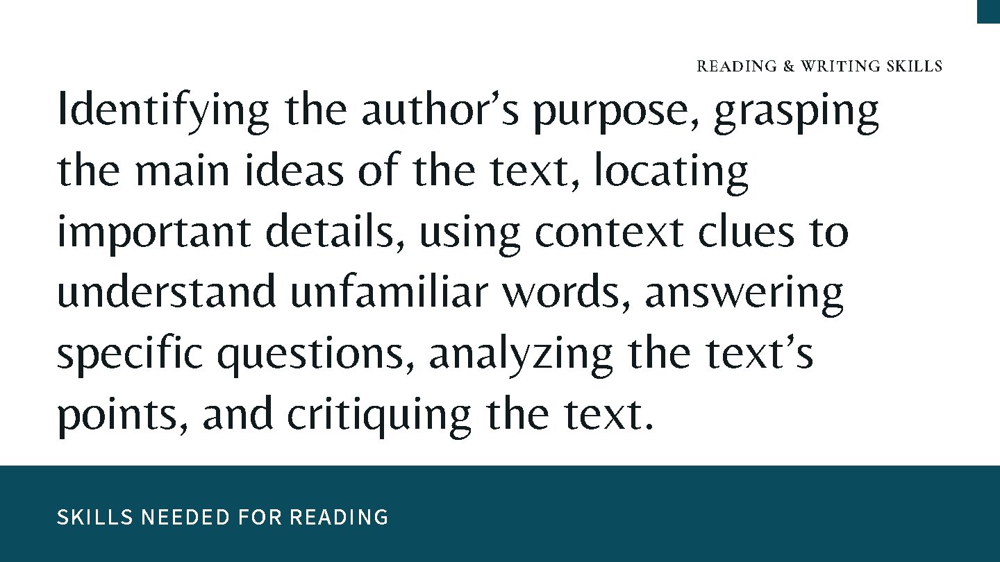 READING & WRITING SKILLS Identifying the author’s purpose, grasping the main ideas of the