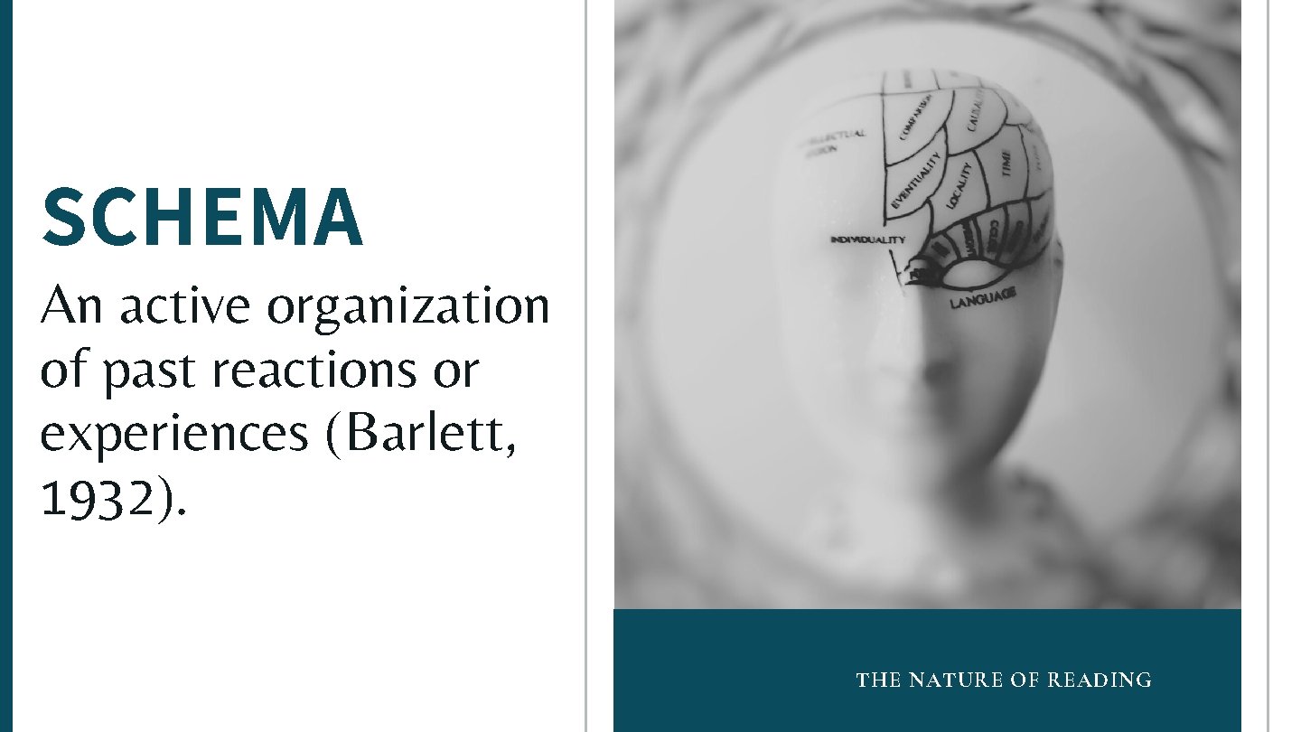 SCHEMA An active organization of past reactions or experiences (Barlett, 1932). THE NATURE OF