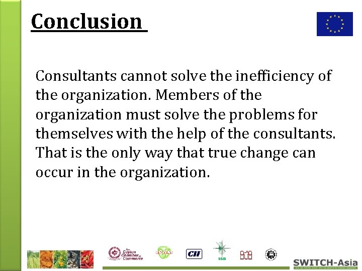 Conclusion Consultants cannot solve the inefficiency of the organization. Members of the organization must