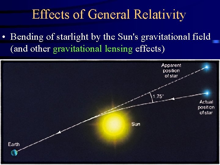 Effects of General Relativity • Bending of starlight by the Sun's gravitational field (and