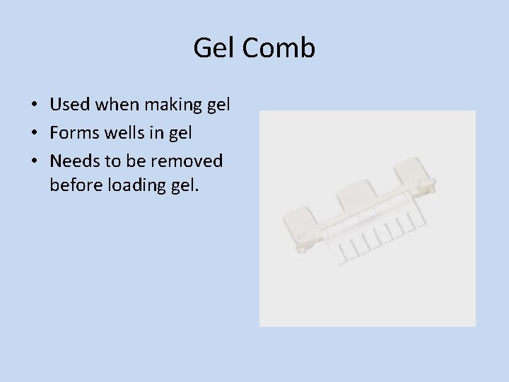 Gel Comb • Used when making gel • Forms wells in gel • Needs Gel Comb • Used when making gel • Forms wells in gel • Needs