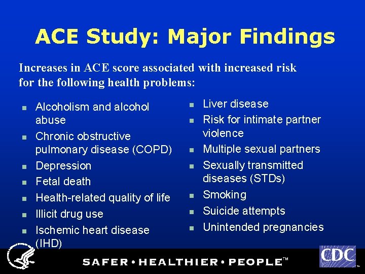 ACE Study: Major Findings Increases in ACE score associated with increased risk for the