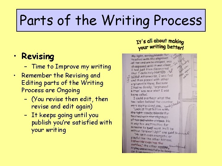 Parts of the Writing Process • Revising – Time to Improve my writing •