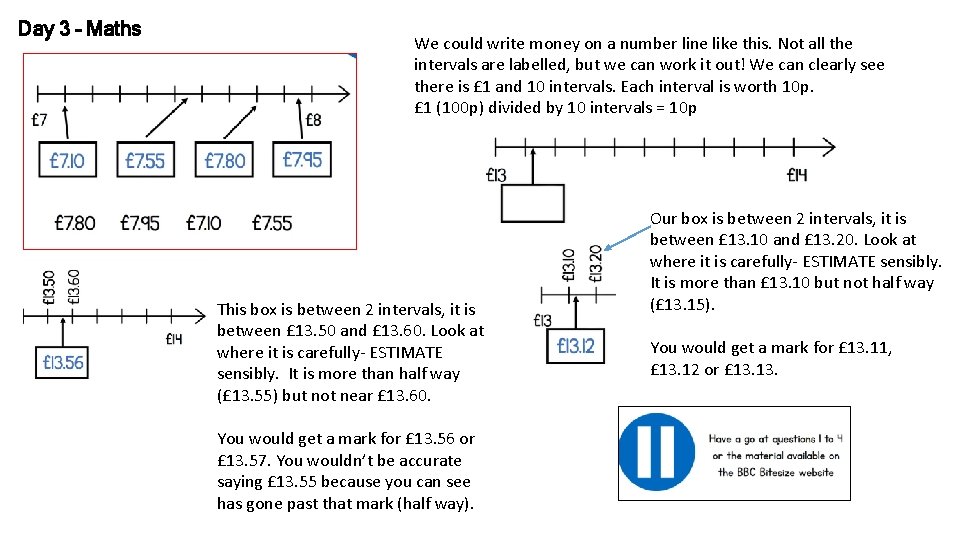 Day 3 – Maths We could write money on a number line like this.