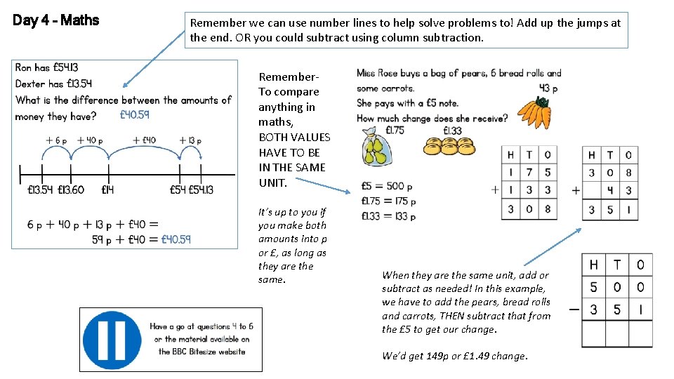 Day 4 – Maths Remember we can use number lines to help solve problems