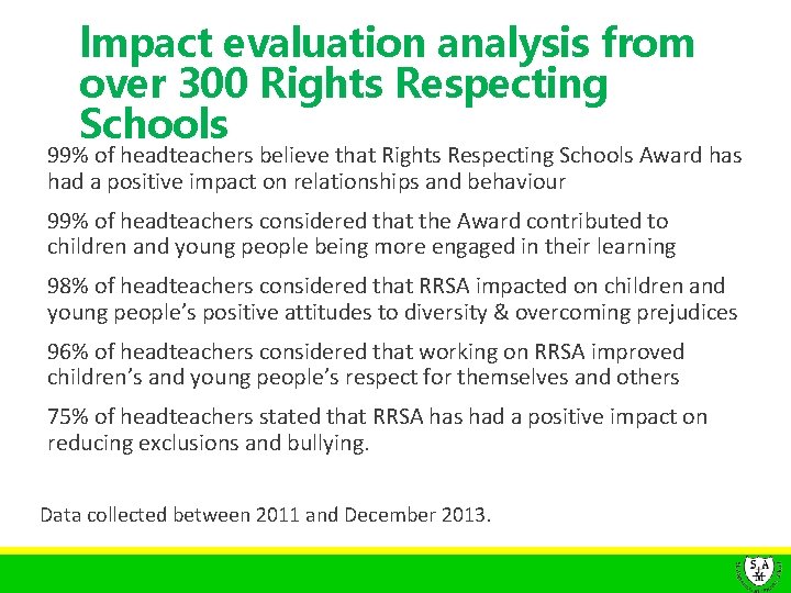 lmpact evaluation analysis from over 300 Rights Respecting Schools 99% of headteachers believe that