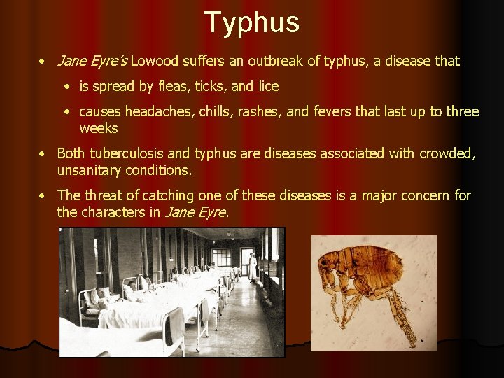 Typhus • Jane Eyre’s Lowood suffers an outbreak of typhus, a disease that •