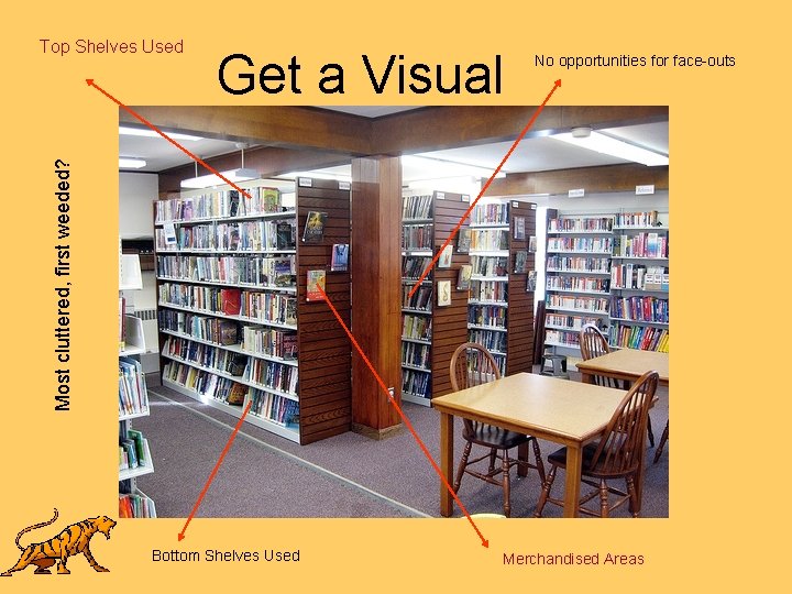 Get a Visual No opportunities for face-outs Most cluttered, first weeded? Top Shelves Used