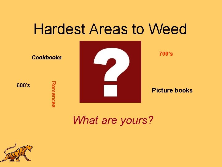 Hardest Areas to Weed 700’s Cookbooks Romances 600’s Picture books What are yours? 