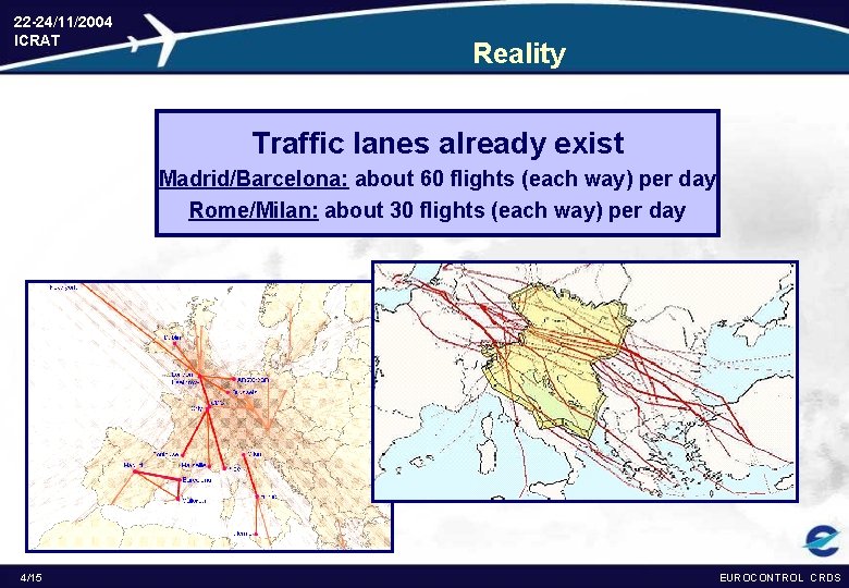 22 -24/11/2004 ICRAT Reality Traffic lanes already exist Madrid/Barcelona: about 60 flights (each way)