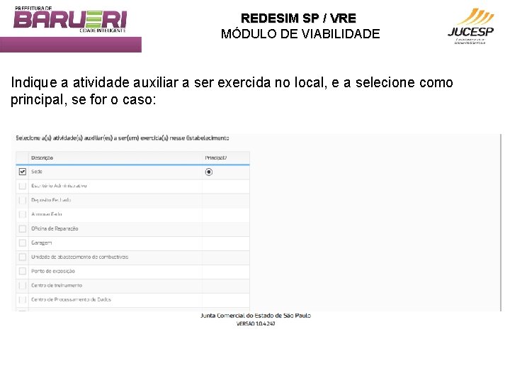 REDESIM SP / VRE MÓDULO DE VIABILIDADE Indique a atividade auxiliar a ser exercida