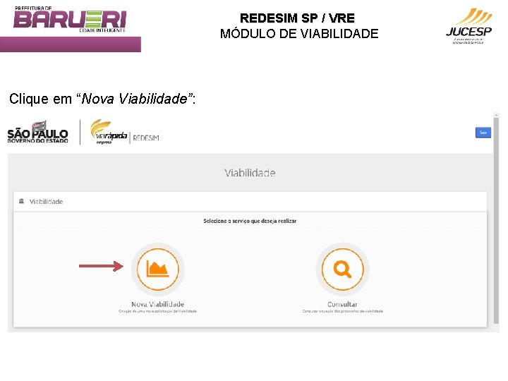 REDESIM SP / VRE MÓDULO DE VIABILIDADE Clique em “Nova Viabilidade”: 