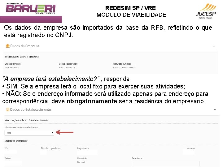 REDESIM SP / VRE MÓDULO DE VIABILIDADE Os dados da empresa são importados da