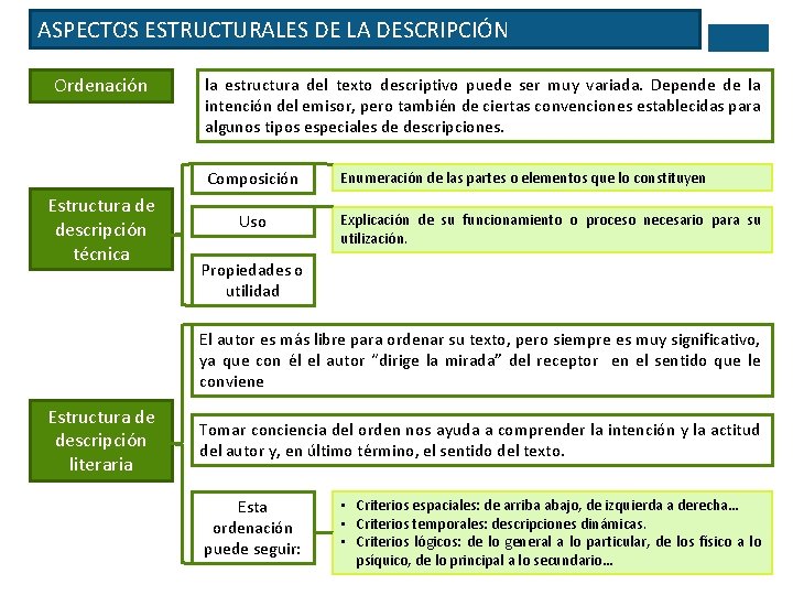 ASPECTOS ESTRUCTURALES DE LA DESCRIPCIÓN Ordenación la estructura del texto descriptivo puede ser muy
