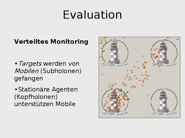 Evaluation Verteiltes Monitoring • Targets werden von Mobilen (Subholonen) gefangen • Stationäre Agenten (Kopfholonen)