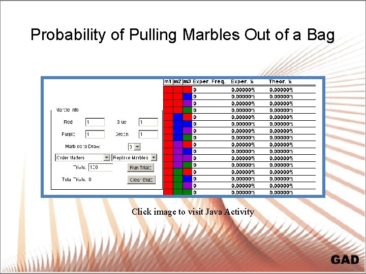 Probability of Pulling Marbles Out of a Bag Click image to visit Java Activity