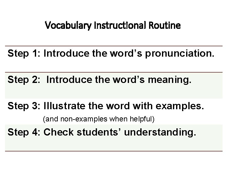 Vocabulary Instructional Routine Step 1: Introduce the word’s pronunciation. Step 2: Introduce the word’s