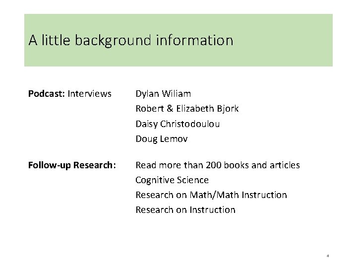 A little background information Podcast: Interviews Dylan Wiliam Robert & Elizabeth Bjork Daisy Christodoulou