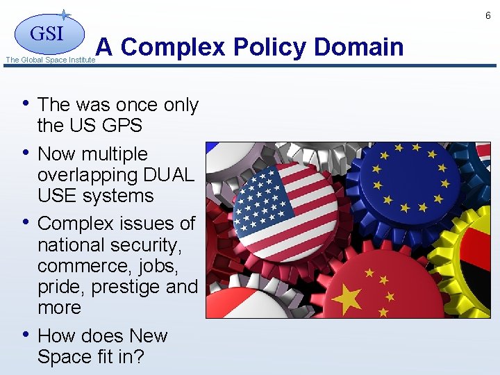 6 GSI A Complex Policy Domain The Global Space Institute • The was once