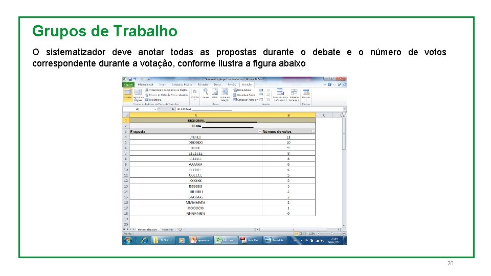 Grupos de Trabalho O sistematizador deve anotar todas as propostas durante o debate e