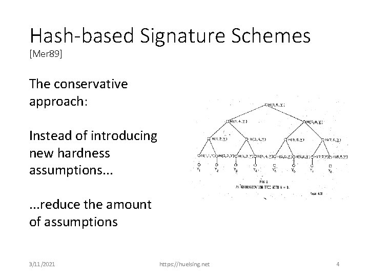 Hash-based Signature Schemes [Mer 89] The conservative approach: Instead of introducing new hardness assumptions.