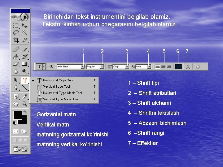 Birinchidan tekst instrumentini belgilab olamiz. Tekstni kiritish uchun chegarasini belgilab olamiz. 1 2 3