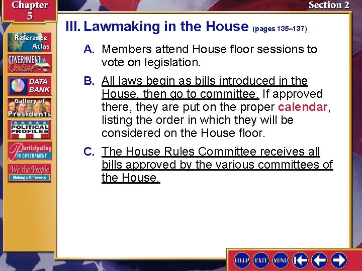 III. Lawmaking in the House (pages 135– 137) A. Members attend House floor sessions
