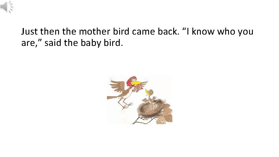 Just then the mother bird came back. “I know who you are, ” said