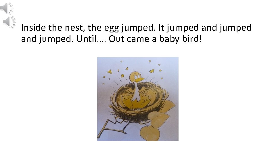 Inside the nest, the egg jumped. It jumped and jumped. Until…. Out came a