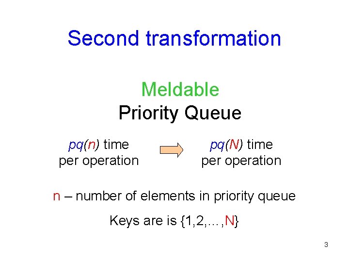Second transformation Meldable Priority Queue pq(n) time per operation pq(N) time per operation n